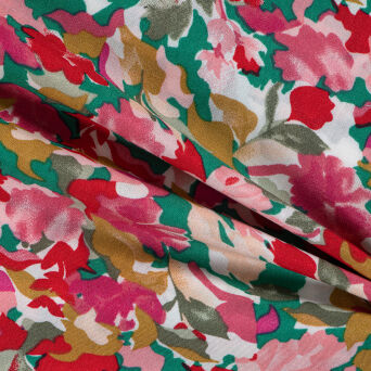 Tkanina wiskozowa PASTEL FLOWERS - PINK, RED, GREEN Kupon 1,10m