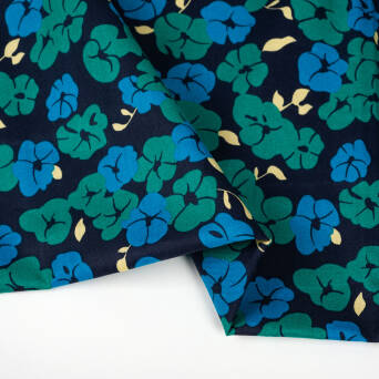 Baumwollstoff mit Muster PREMIUM BLUE AND GREEN FLOWERS ON NAVY #35 #01