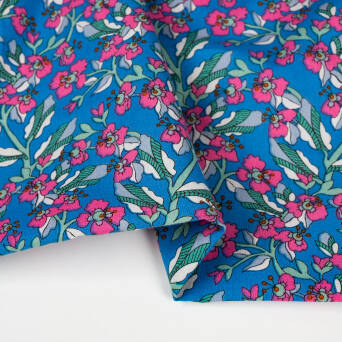 Cotton fabric PREMIUM PINK FLOWERS ON BLUE #9804 #02