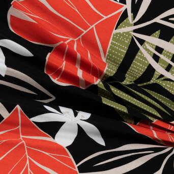 Viscose fabric EXOTIC LEAVES ON BLACK #D63 #01