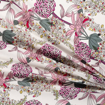 Viscose fabric  PINK FLOWERS ON WHITE D02 #01